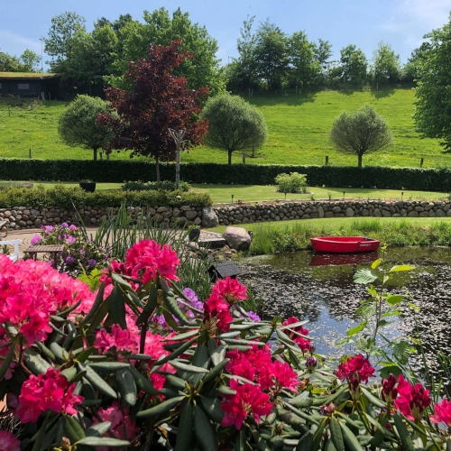 Anlagt have med havedam, stensætning og blomsterbede udført af anlægsgartner i Fredericia